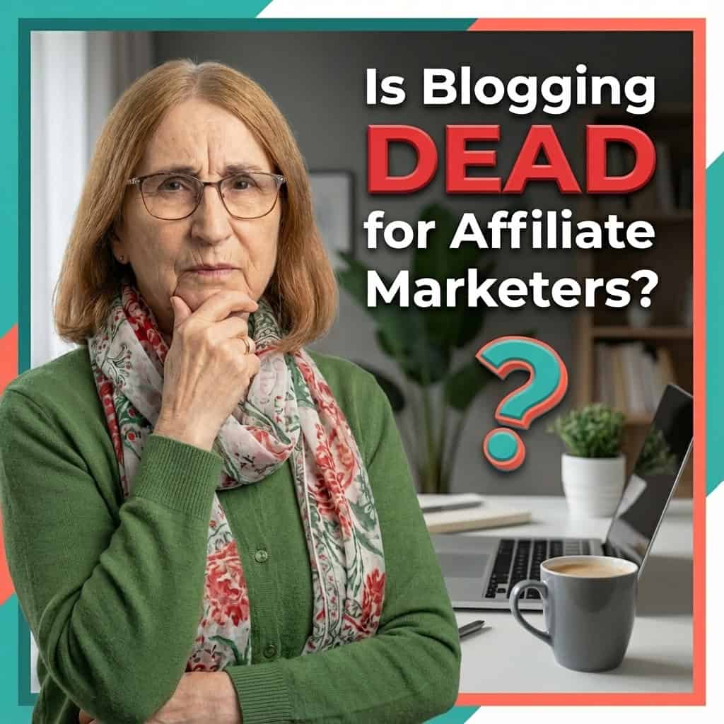 A thoughtful senior woman pondering blogging's relevance for affiliate marketing.