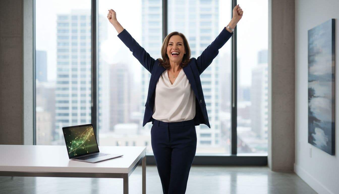 A confident businesswoman in her 40s stands triumphantly in a modern office with arms raised and a big smile, next to a laptop showing a blurred success indicator.