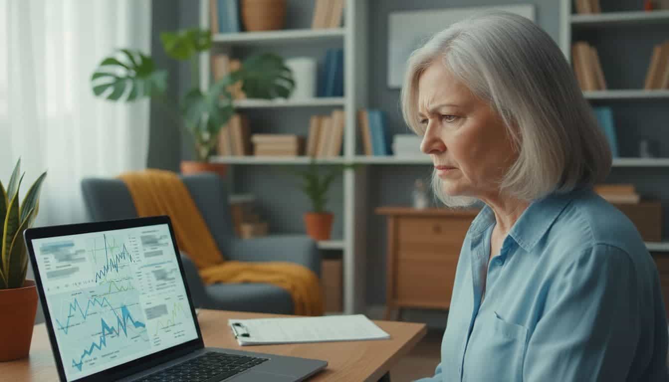 A senior woman in her 60s sits puzzled and frustrated at a home desk, staring at a laptop displaying abstract confusing charts and vague text placeholders in a cozy living room with bookshelves and plants.