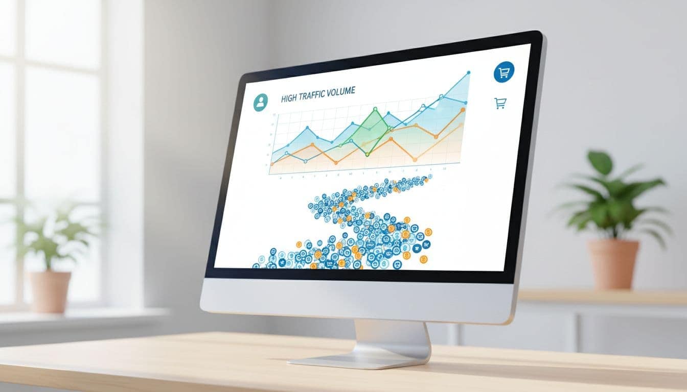 Online sales dashboard on a computer screen showing graphs of high traffic volume with many small sales transactions accumulating, in modern flat design with visitor and cart icons, against a clean office background.