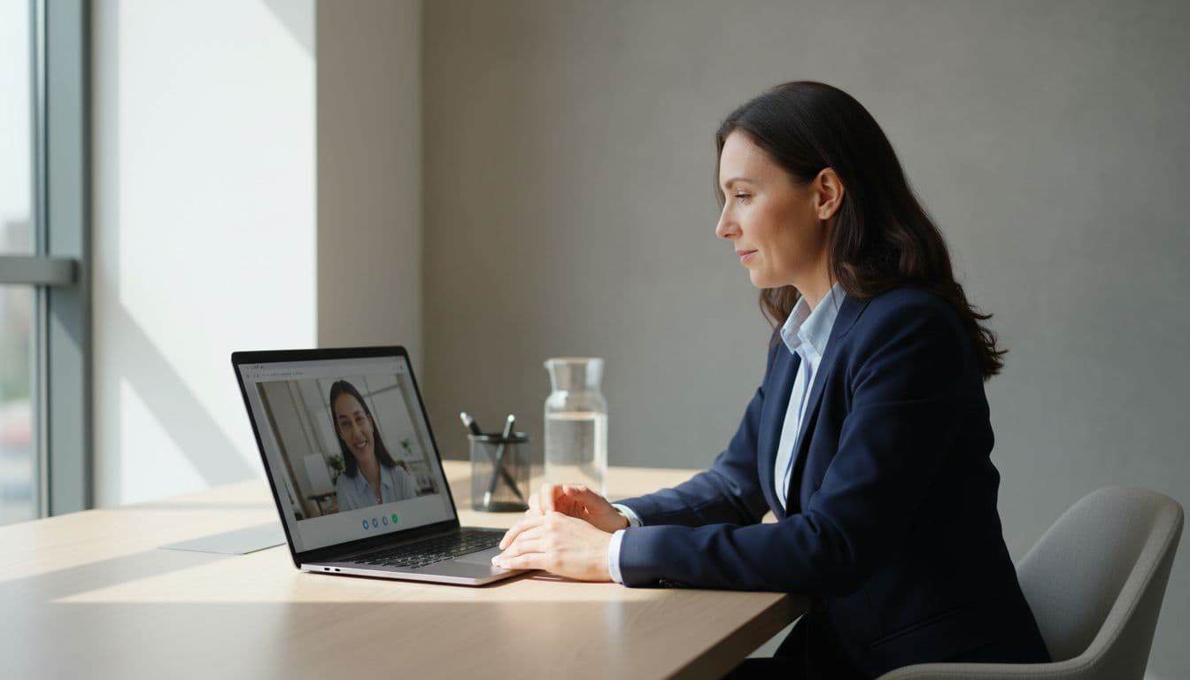 A professional salesperson conducts a video sales call from a modern office desk with laptop screen showing the interface at a slight angle, relaxed hands on desk, natural window lighting, realistic photography style.