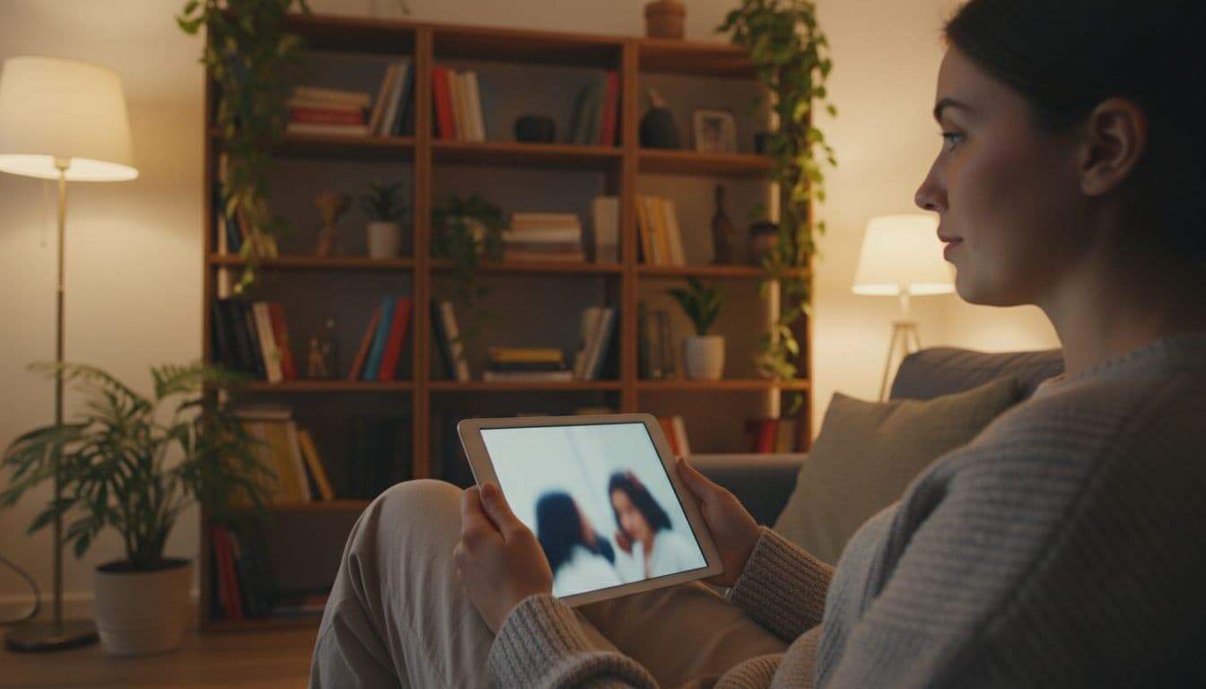 Relaxed person in casual clothes sitting on a living room couch holding a tablet with a blurred video playing on screen, showing an attentive expression in a cozy room with plants, bookshelves, and soft evening lamp lighting.