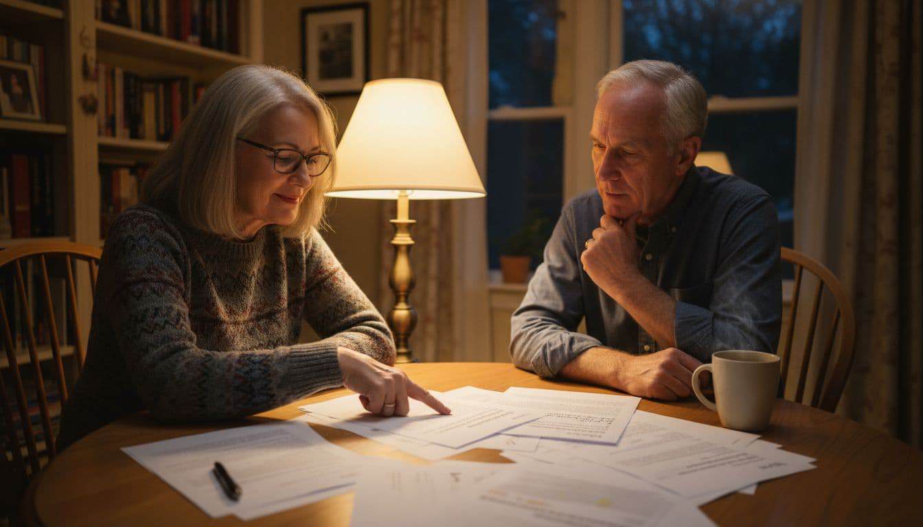 An older couple in their 60s reviews a printed blog draft together at a home dining table under warm evening lamp light, with one pointing to the page in calm discussion.