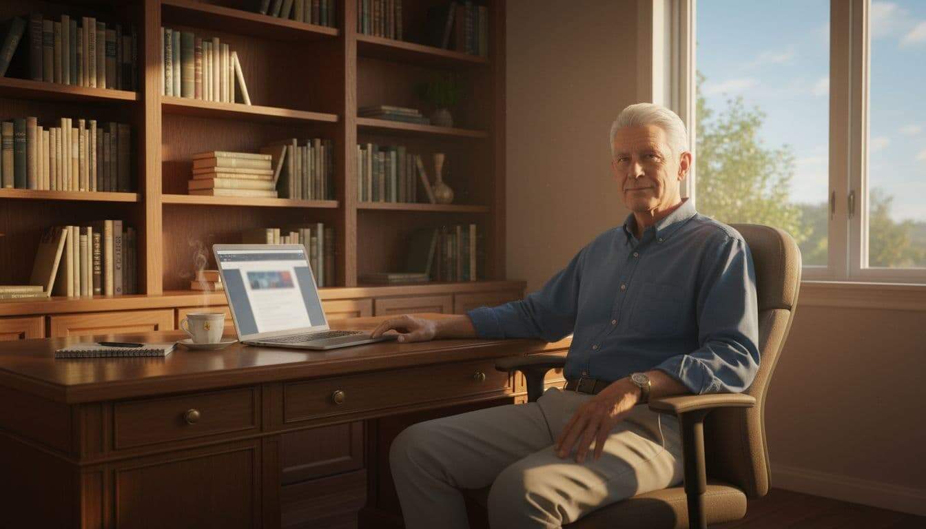 A senior man in his late 60s sits comfortably at a wooden desk in a bright home office with a blurred laptop screen, cup of tea, and notebook nearby, surrounded by books on hobbies and finance, bathed in warm morning sunlight.
