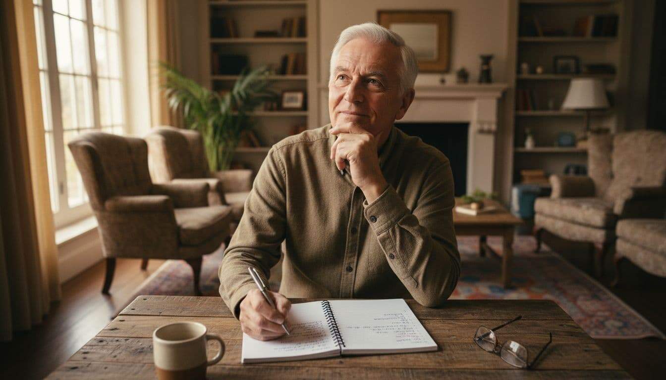 A senior man in his 70s sits thoughtfully at a home desk with notebook and pen, brainstorming blog ideas with a slight smile in a cozy living room bathed in natural daylight.