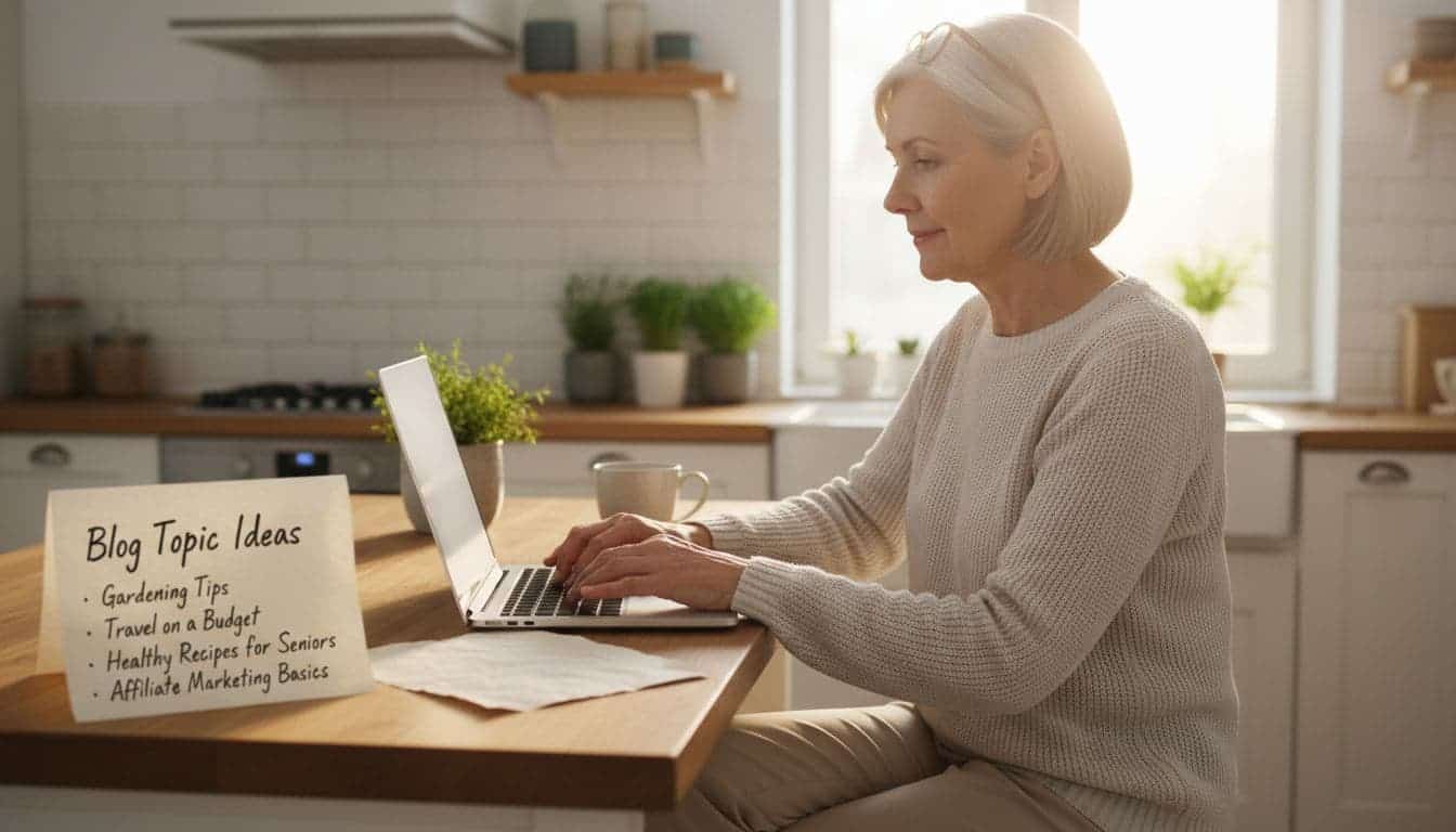 A retired woman in her 60s types focused on her laptop in a bright kitchen, with a paper list of content ideas nearby, relaxed posture in soft morning light, photorealistic with soft focus on face.