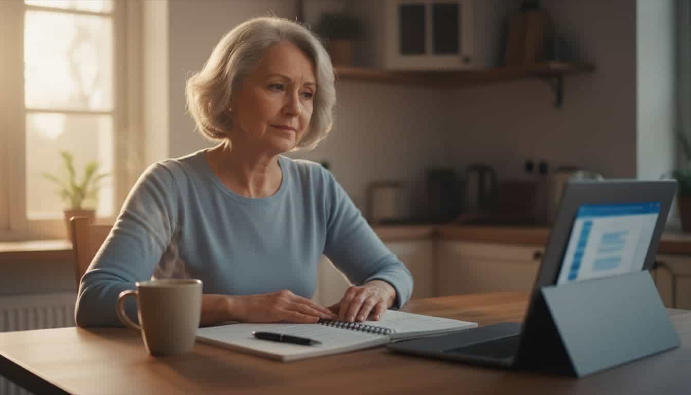 A senior woman in her 70s sits at a kitchen table, notepad open with pen, laptop propped open with blurred screen, thoughtful expression reviewing notes, coffee mug nearby, morning light from window, realistic photo.