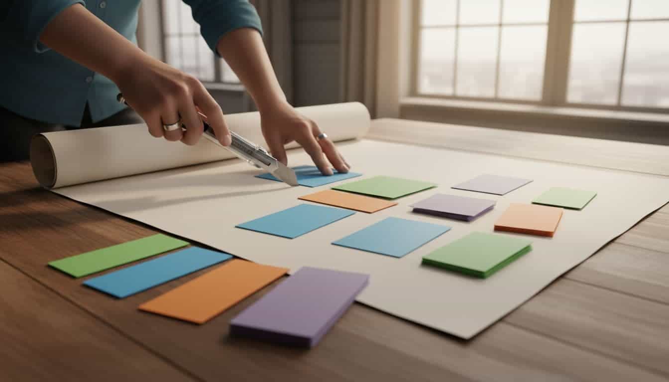 Large document on wooden table sliced into smaller colorful segments.