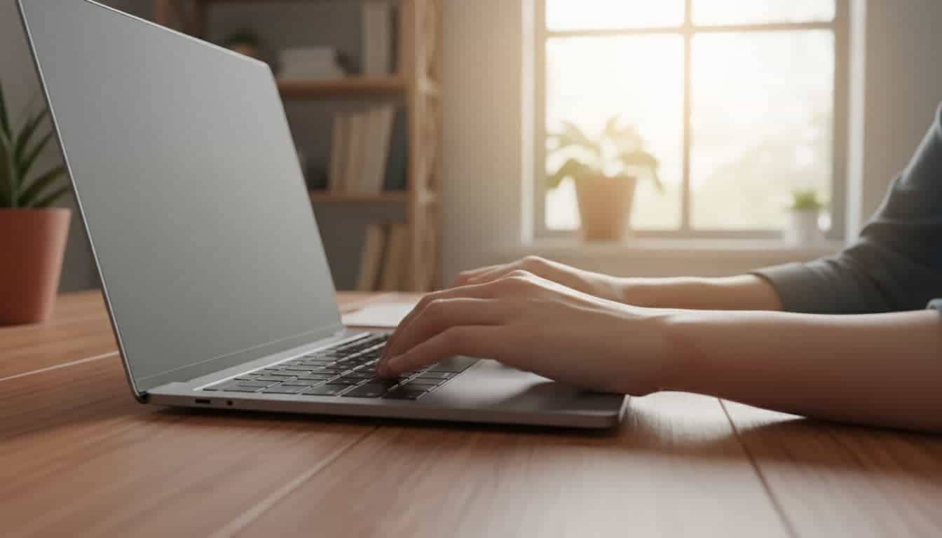 Close-up of hands using laptop keyboard on wooden table with blurred home office background.