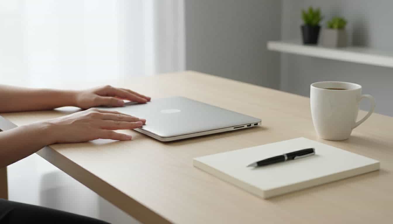 A clean desk featuring a laptop, notebook, pen, and coffee with hands resting on the surface.