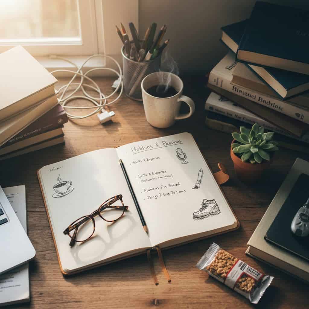 Top-down view of cluttered organized desk with open notebook showing handwritten lists and sketches, reading glasses, and small plant.