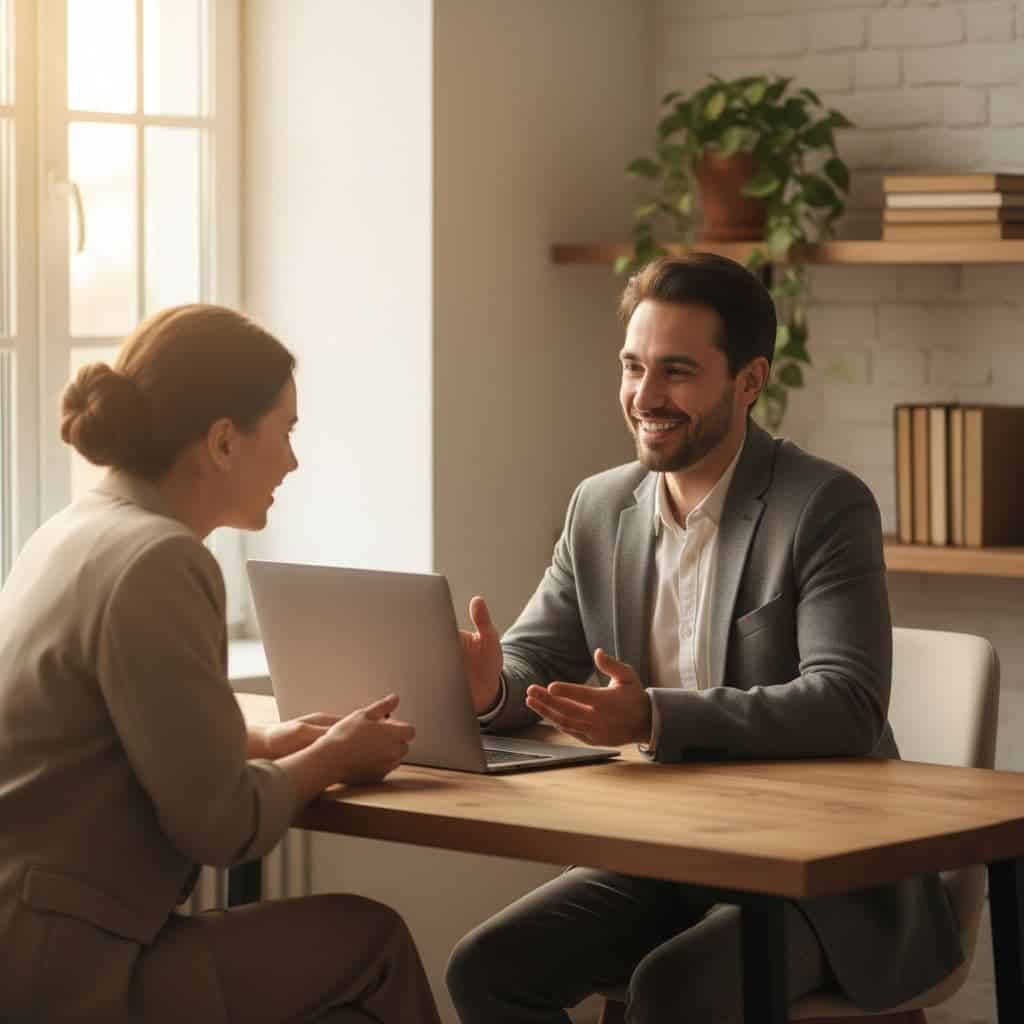 Person at desk with laptop talks to friend in calm indoor setting.