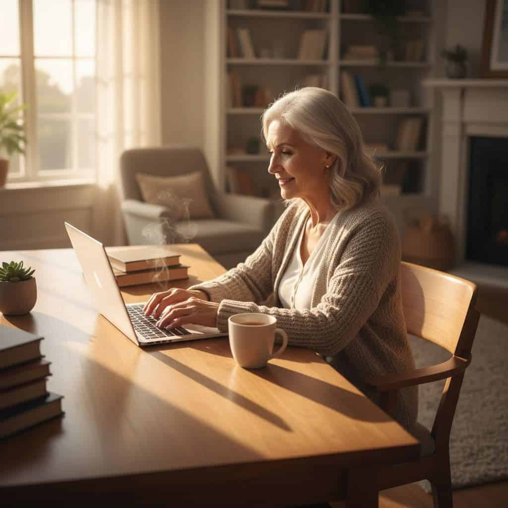 An older adult sits at a sunlit desk working on a laptop in a cozy home office.