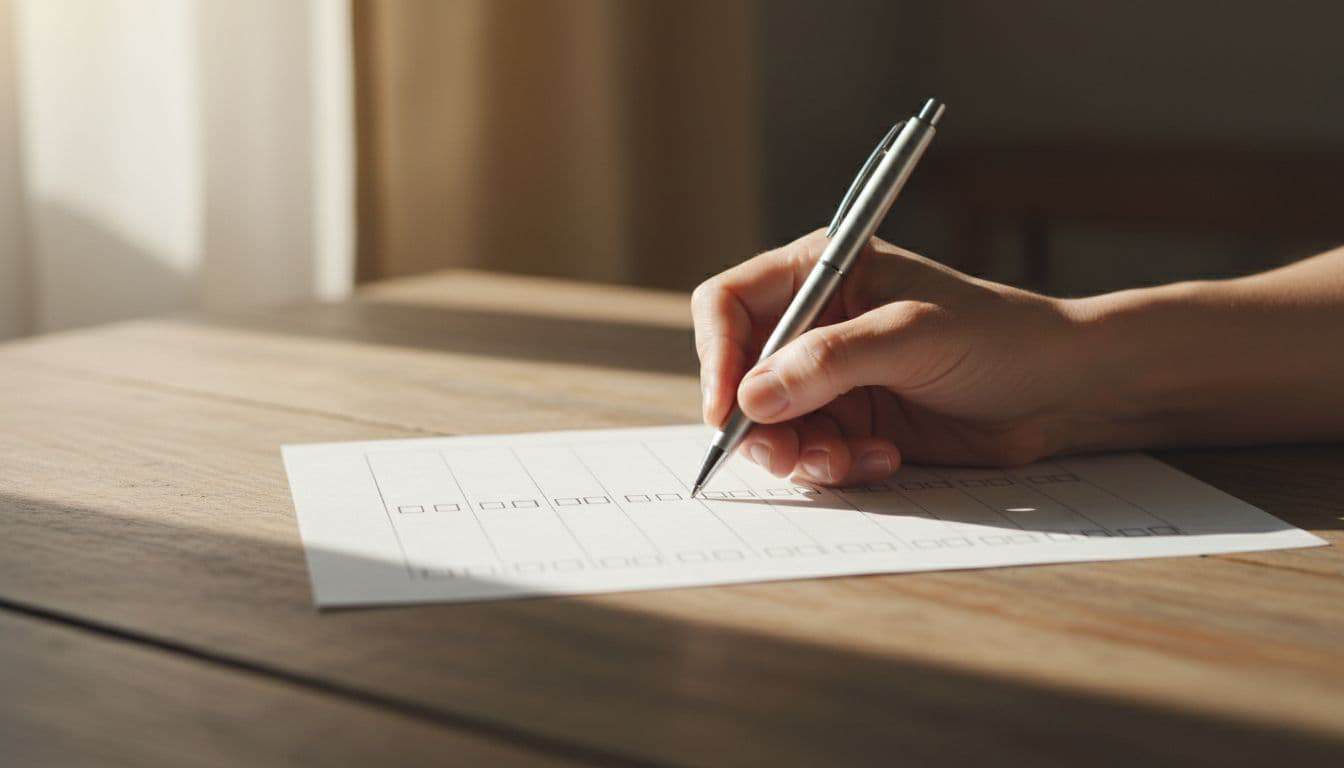 A person uses a pen to mark a checklist on a wooden table in bright natural light.