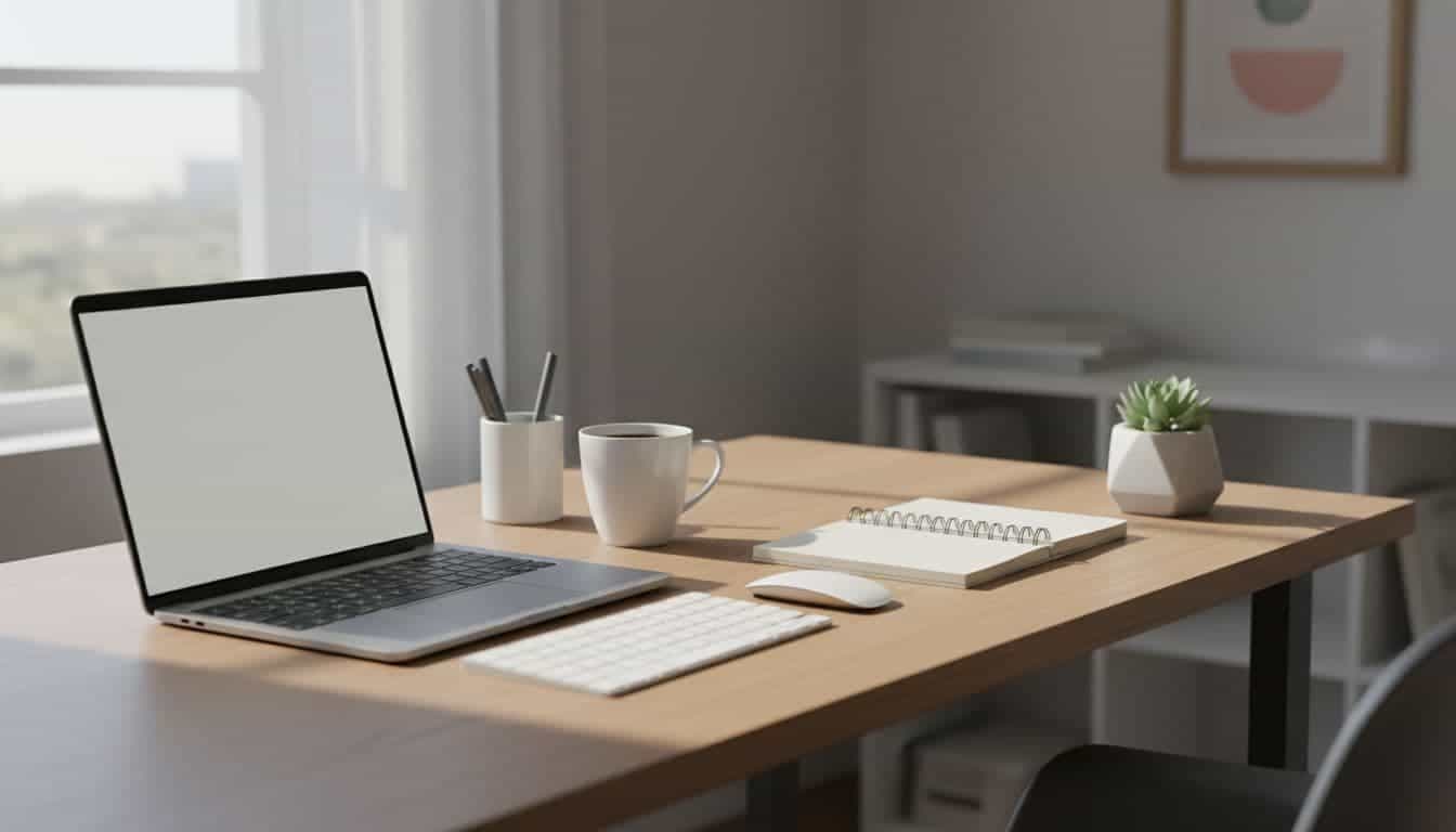 Tidy desk with laptop, notebook, coffee cup, and morning light through window.