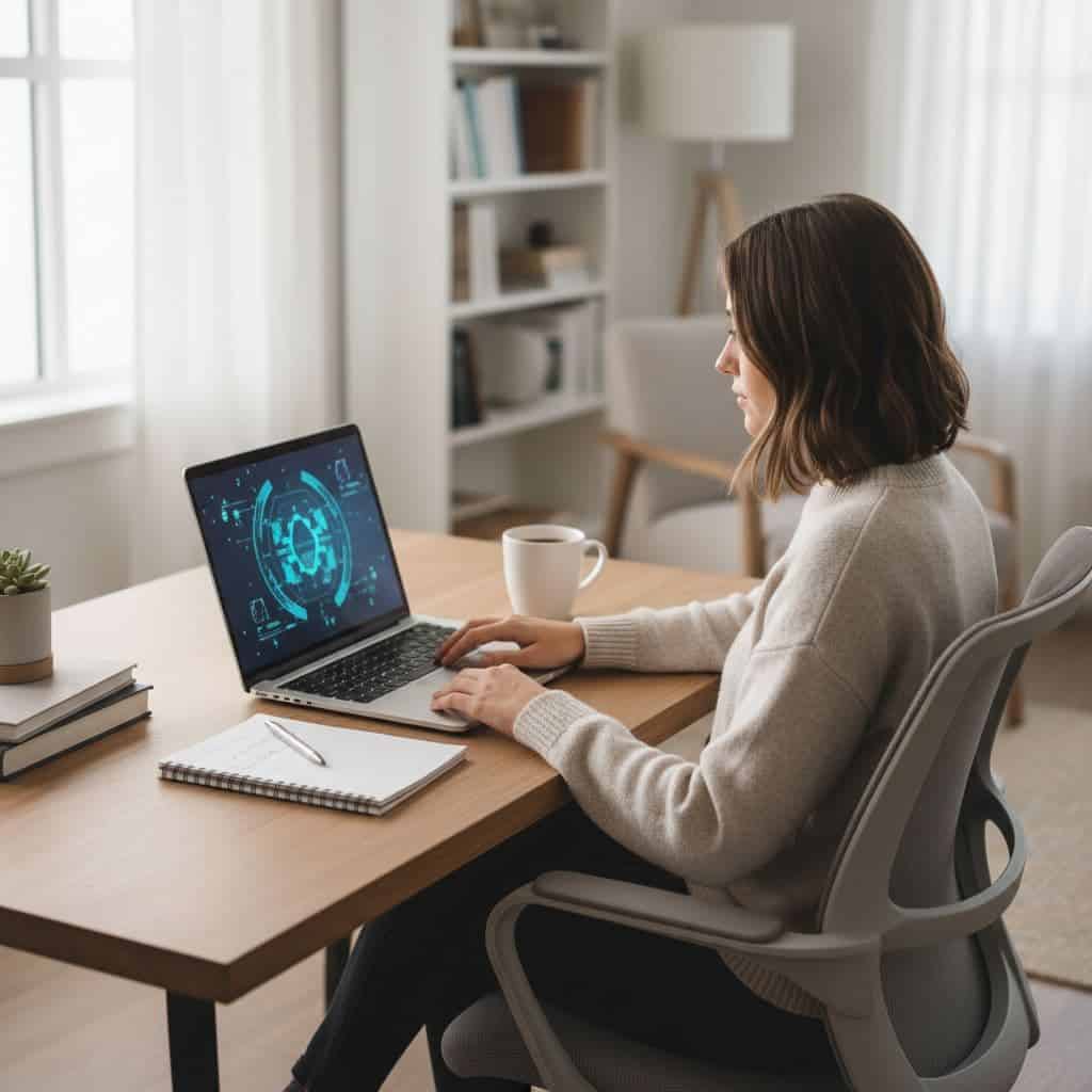 Person sits at clean desk with open laptop, notepad, and coffee cup, focused on screen.