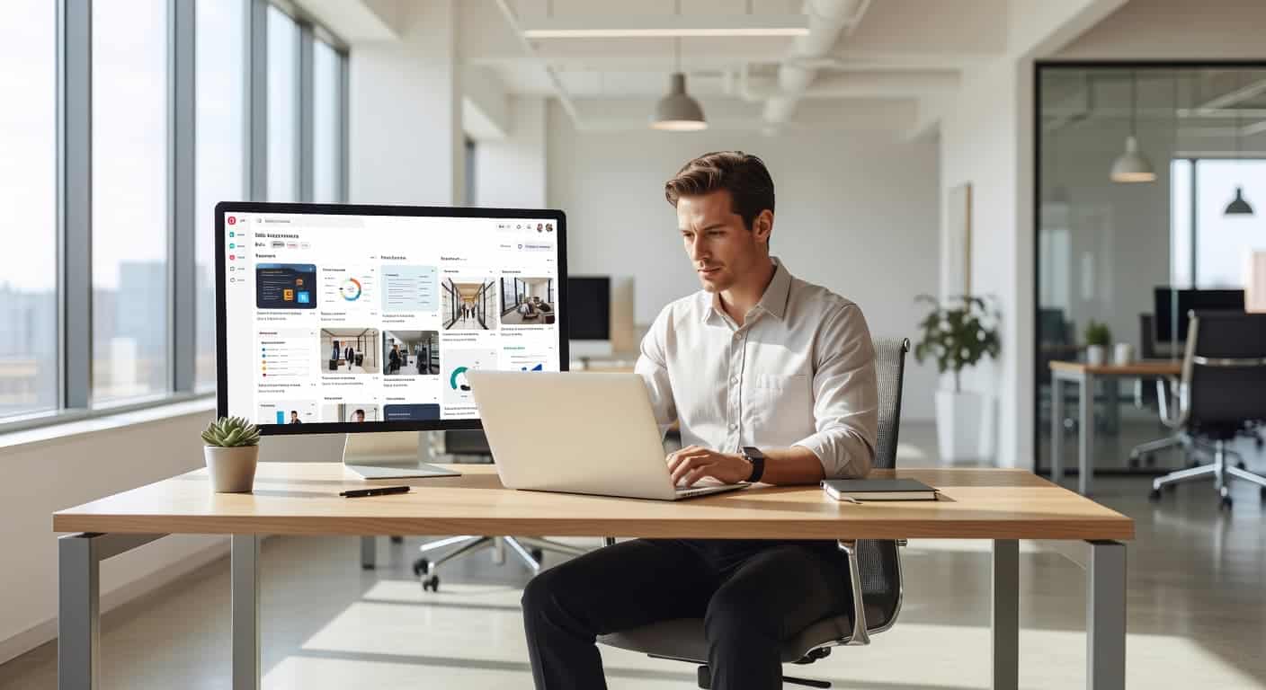 A focused professional sits at a clean desk using a laptop displaying an organized visual content dashboard. Soft natural light illuminates the airy office space, highlighting the modern and productive atmosphere.