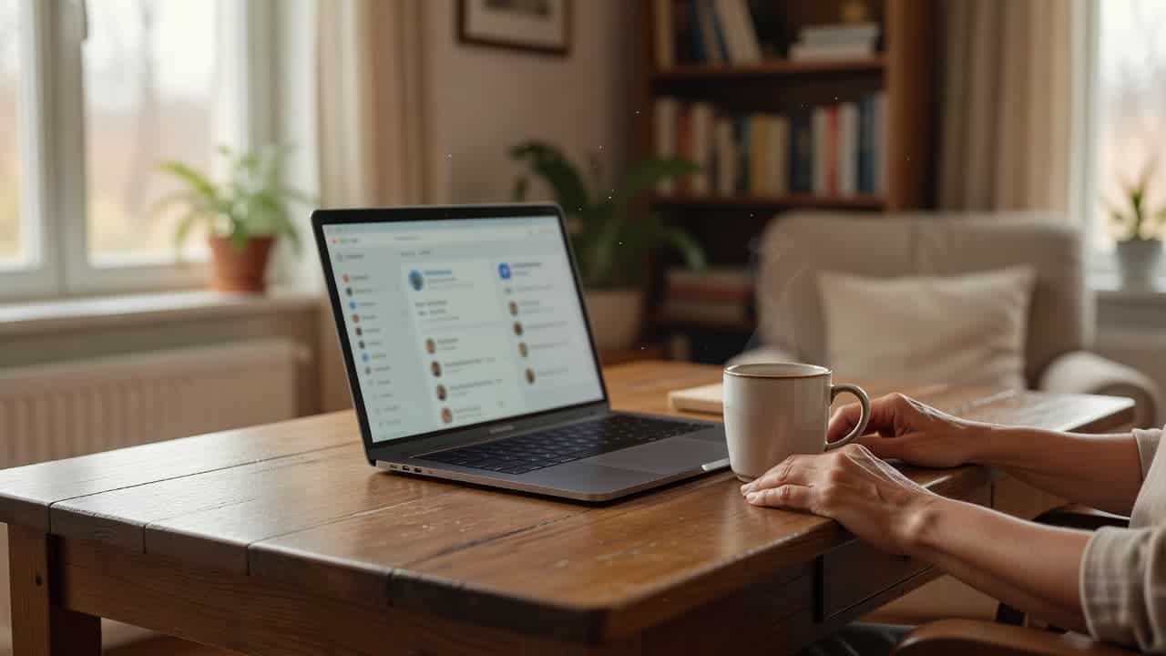 A pair of hands rests near a laptop keyboard on a polished wooden desk. A warm ceramic cup sits nearby, bathed in the soft glow of morning light from a window.