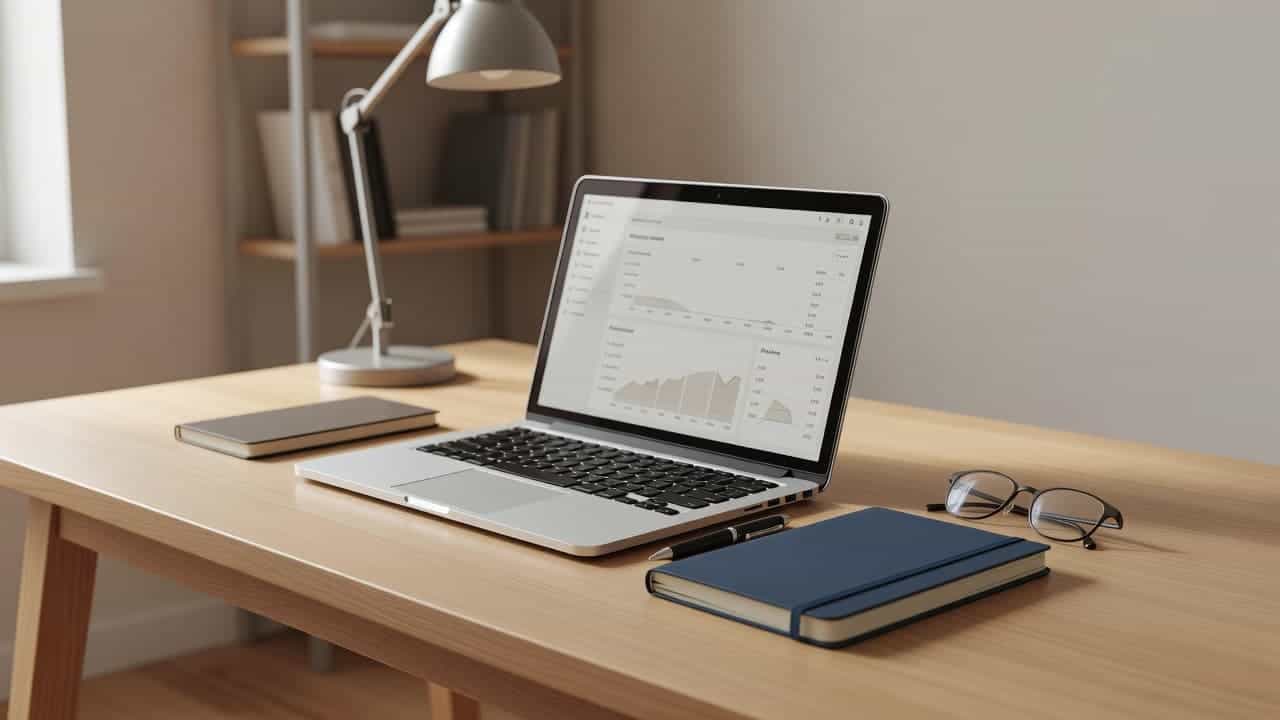 A clean desk surface features a laptop and leather journal arranged neatly for affiliate marketing tasks. Soft ambient light fills the quiet room, highlighting a professional and tranquil work environment.