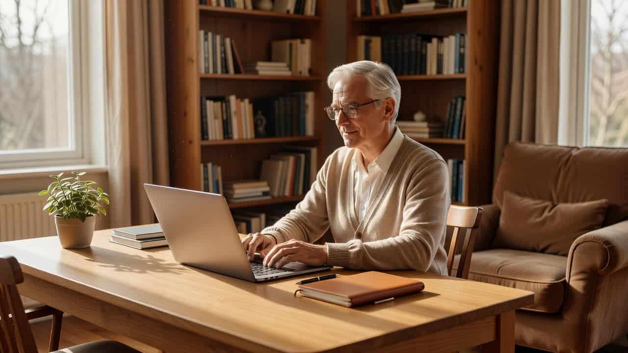 An older individual sits at a clean, sunlit desk working on a laptop. Beside them, a soft curtain filters warm light, creating a peaceful and productive atmosphere for a new venture in their dedicated workspace.