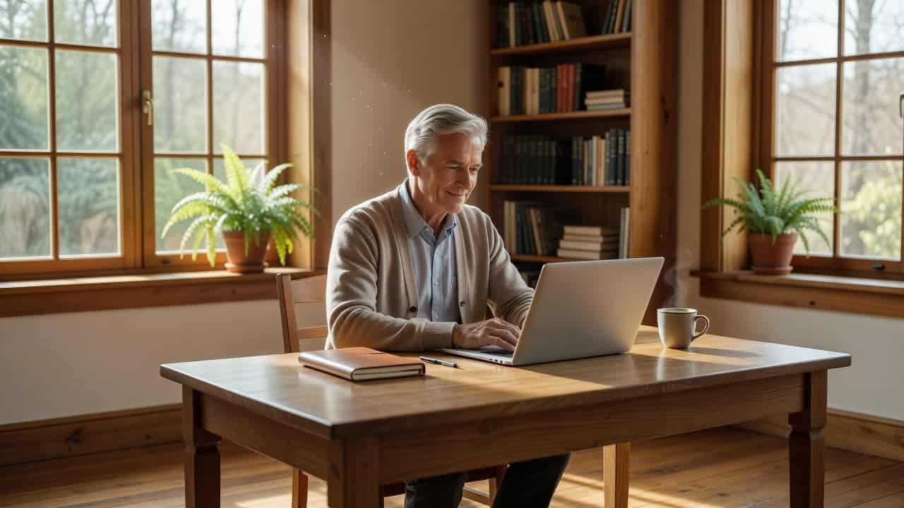 A person in their sixties sits at a clean wooden desk near a large window, gazing at a laptop screen with a focused smile. Soft daylight illuminates the uncluttered workspace.