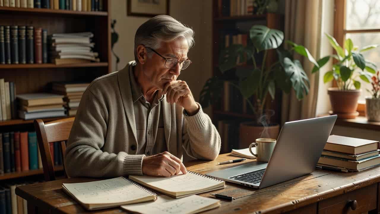 A thoughtful senior sits at a wooden home desk illuminated by soft window light. They study a handwritten notepad while resting their hand near an open laptop in a quiet room.