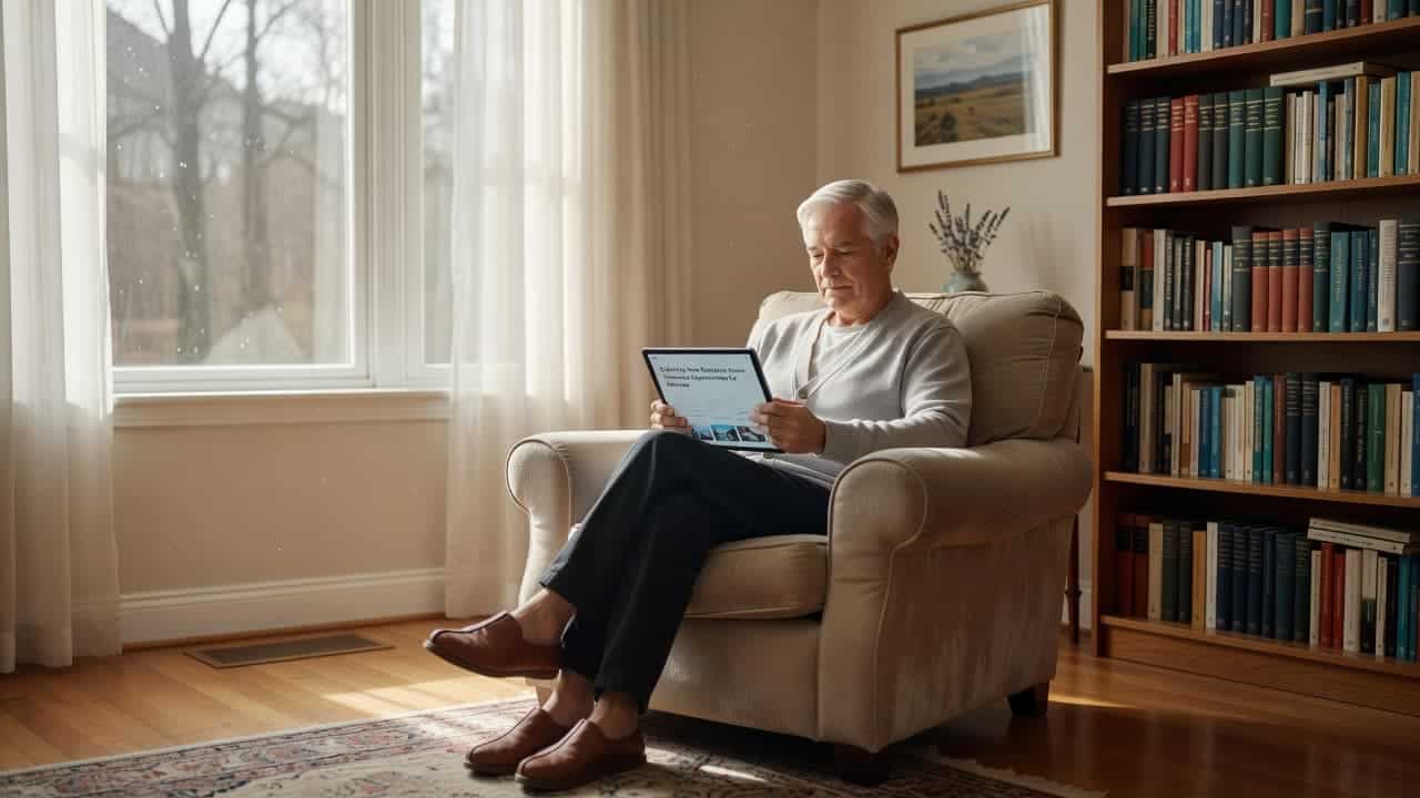 An elderly person sits in a plush fabric armchair inside a sun-drenched living room. They hold a modern tablet, intently reviewing digital content while resting in a relaxed, comfortable posture.
