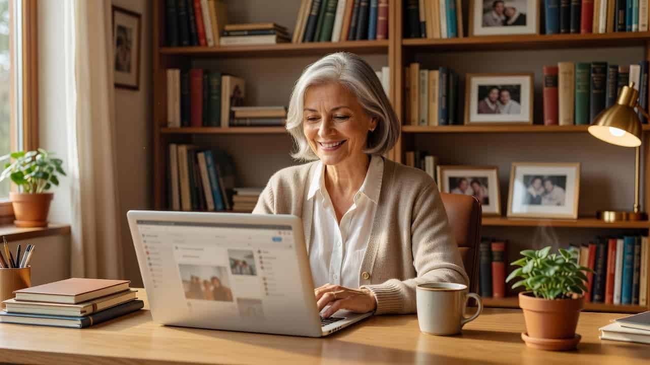 A cheerful older adult sits at a tidy home desk bathed in warm golden light. A modern laptop sits open while the person works efficiently in a comfortable, inviting office space.