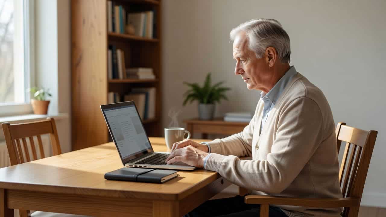 An older adult working on a laptop at a bright wooden desk.