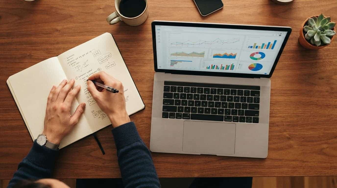 One person reviews laptop charts beside a notebook and pen on a wooden desk.