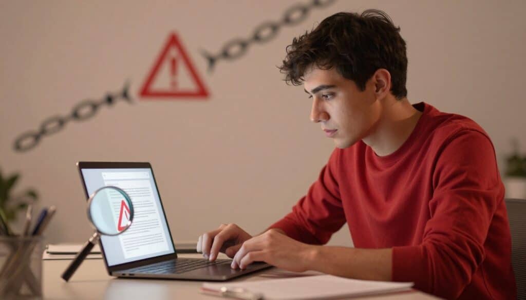 A professional checks a laptop beside a warning symbol and contract.