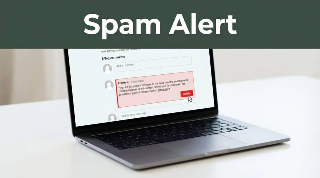 Laptop showing spam blog comments and a red Delete button beneath a Spam Alert heading.