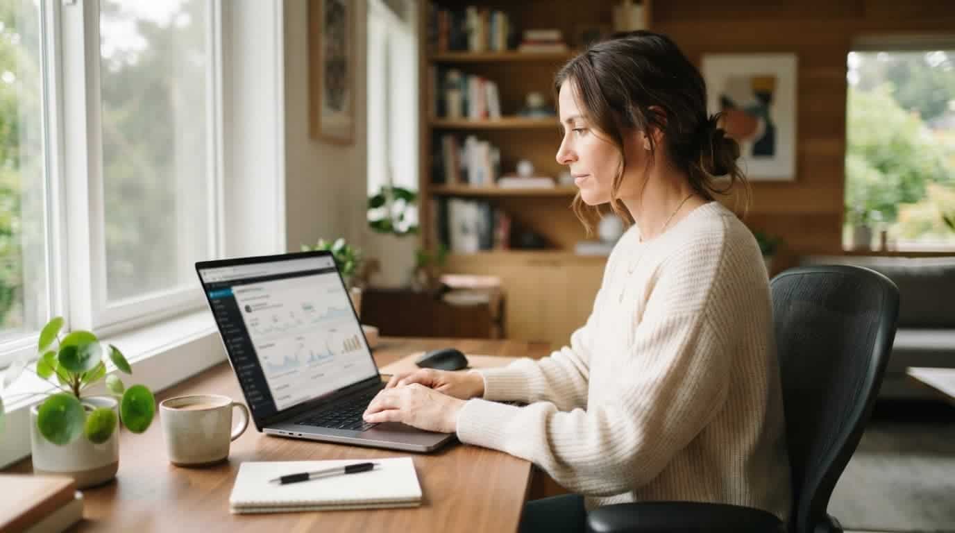 Person using a laptop with website dashboards in a bright home office.