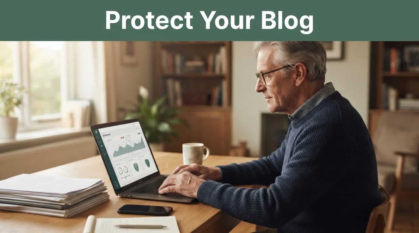 Older website owner checking a laptop beside papers and a phone in a home office.