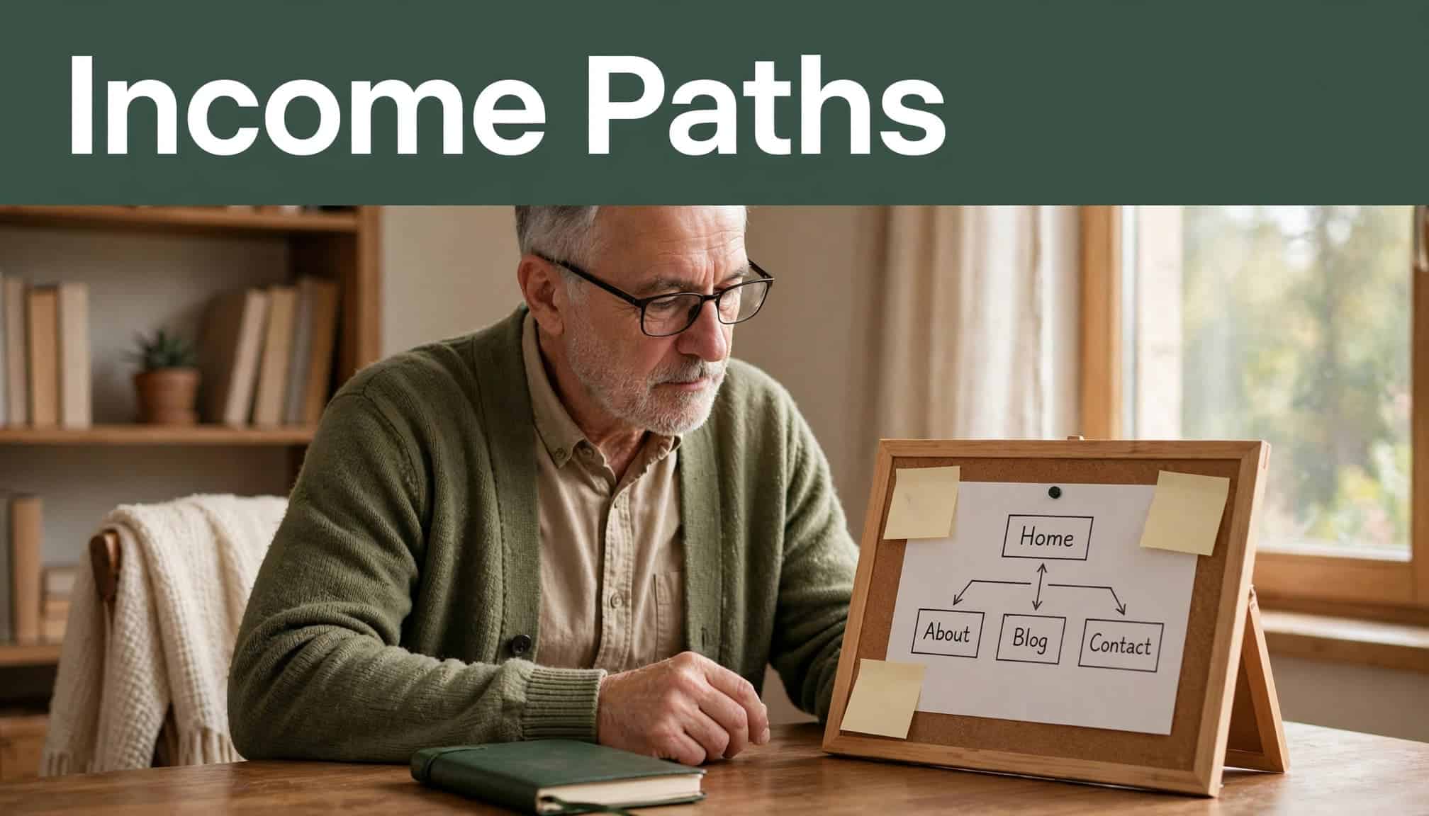 An older adult compares a service notebook and website board in a warm study.