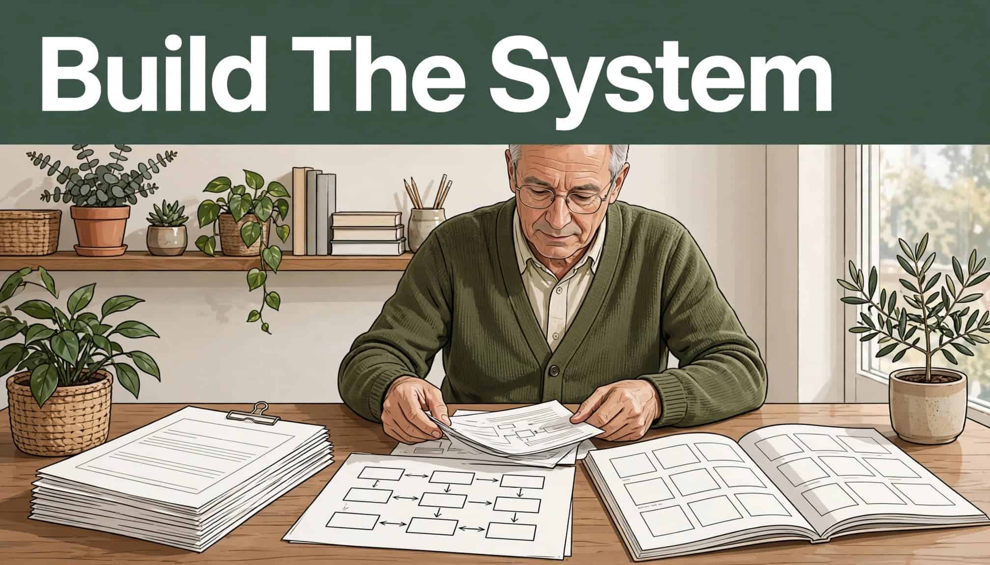 An older adult arranging business papers and diagrams on a table in a bright home office.