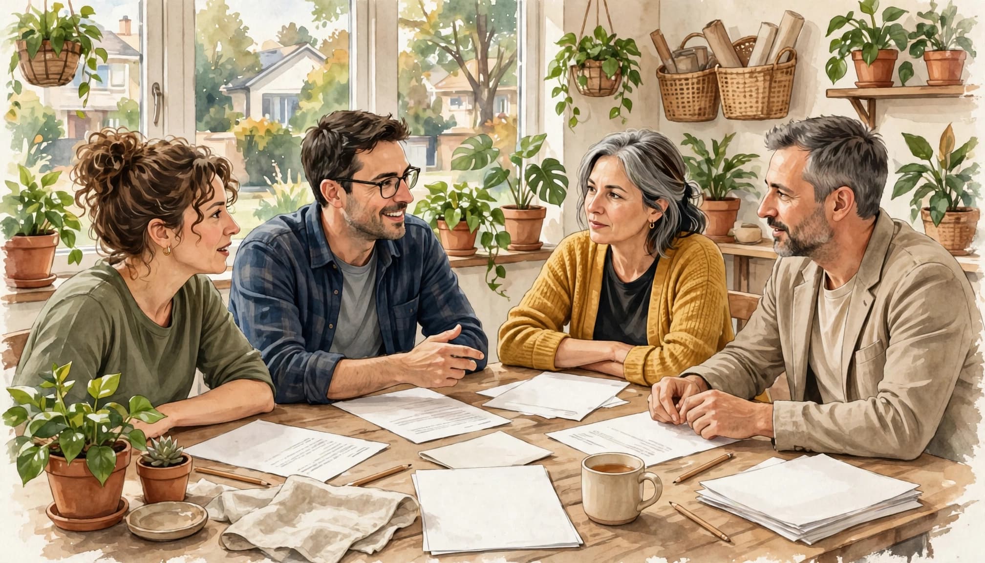 Four adults sit around a wooden workshop table reviewing papers in a sunlit room.