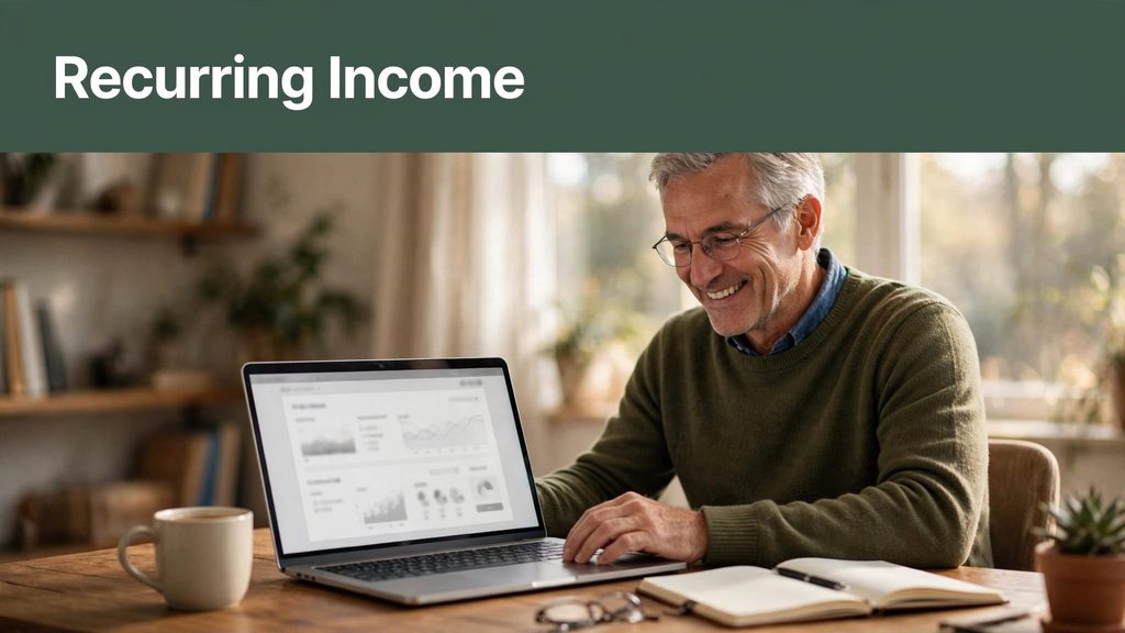 A smiling older man works at a desk with a laptop, coffee, and notebook.