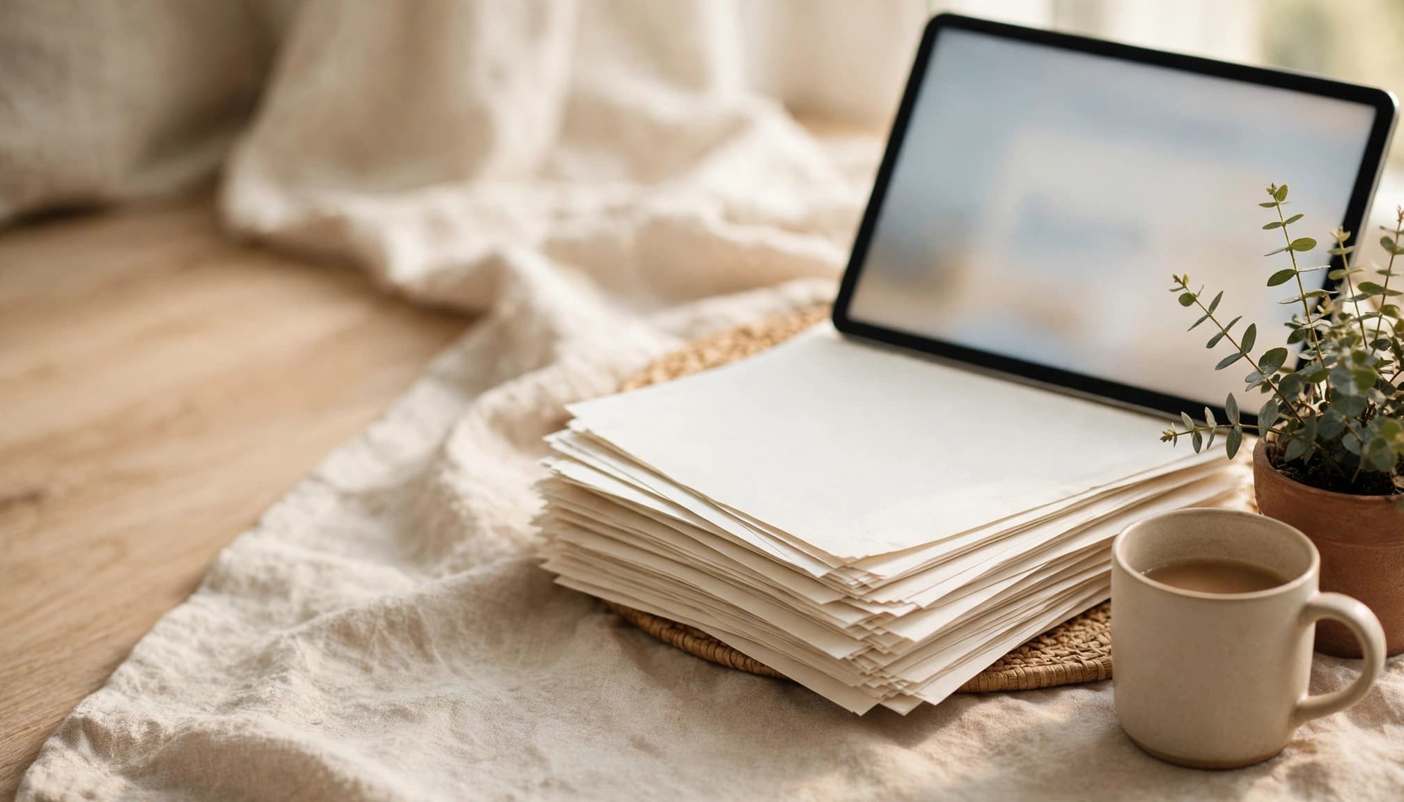 A stack of papers, a tablet, a mug of coffee, and a small potted plant on a cloth surface.